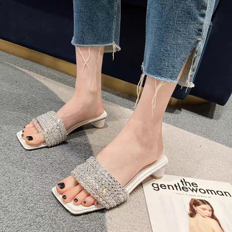 Dép Mũi Vuông Đính Đá Thời Trang Nữ Cao Cấp Gót Cao 4cm Chống Trơn Trượt Phong Cách Trẻ Trung Sang Trọng Cidu GN01