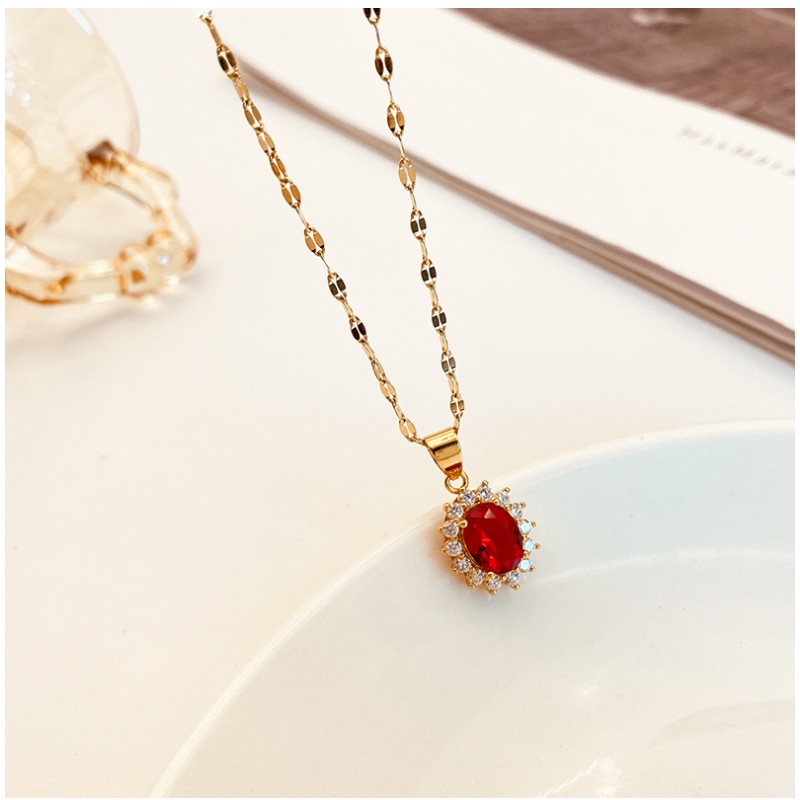 Dây Chuyền Đá Nhân Tạo Hình Oval Màu Đỏ Titan Ko Han Rỉ TT 3989