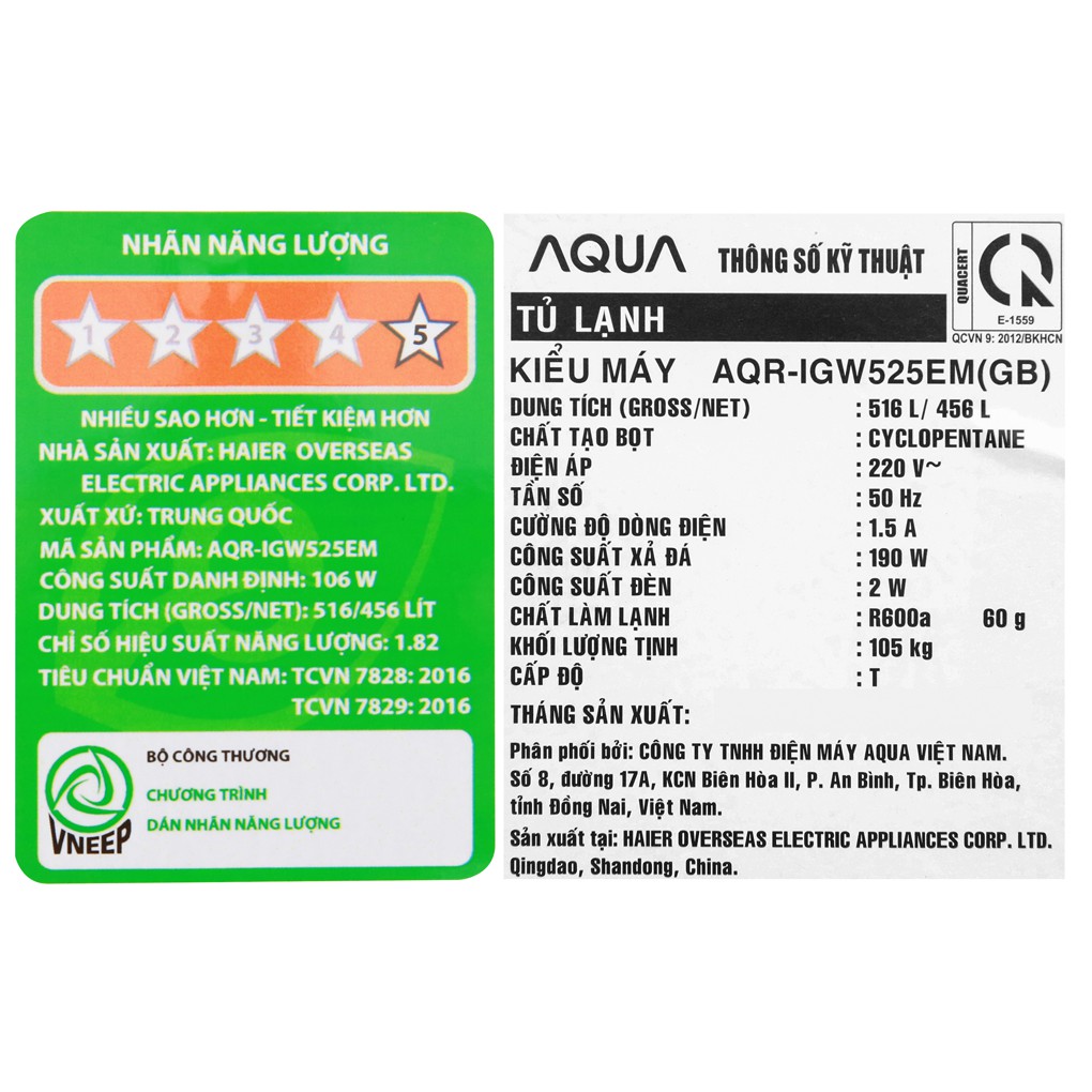 Tủ lạnh Aqua Inverter 456 lít AQR-IGW525EM GB