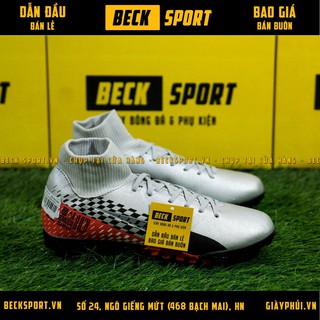 Giày Bóng Đá Mercurial 13 Superfly Academy Neymar Bạc Vạch Đen Gót Đỏ Cao Cổ TF