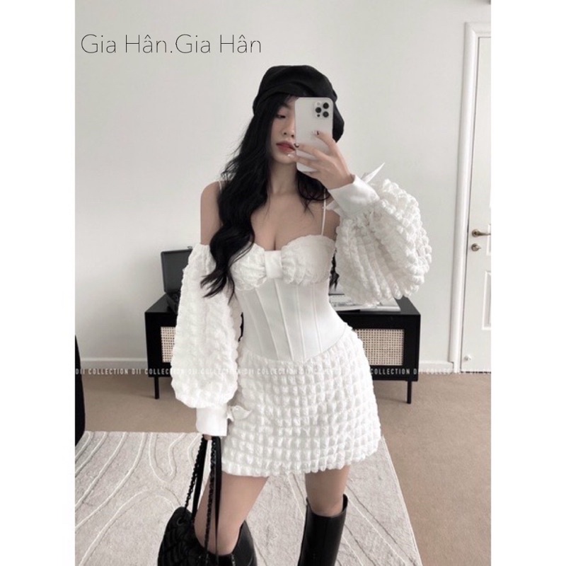 Đầm Thiết Kế Corset Nơ Xốp Trễ Vai Hàng Thiết Kế Cao Cấp