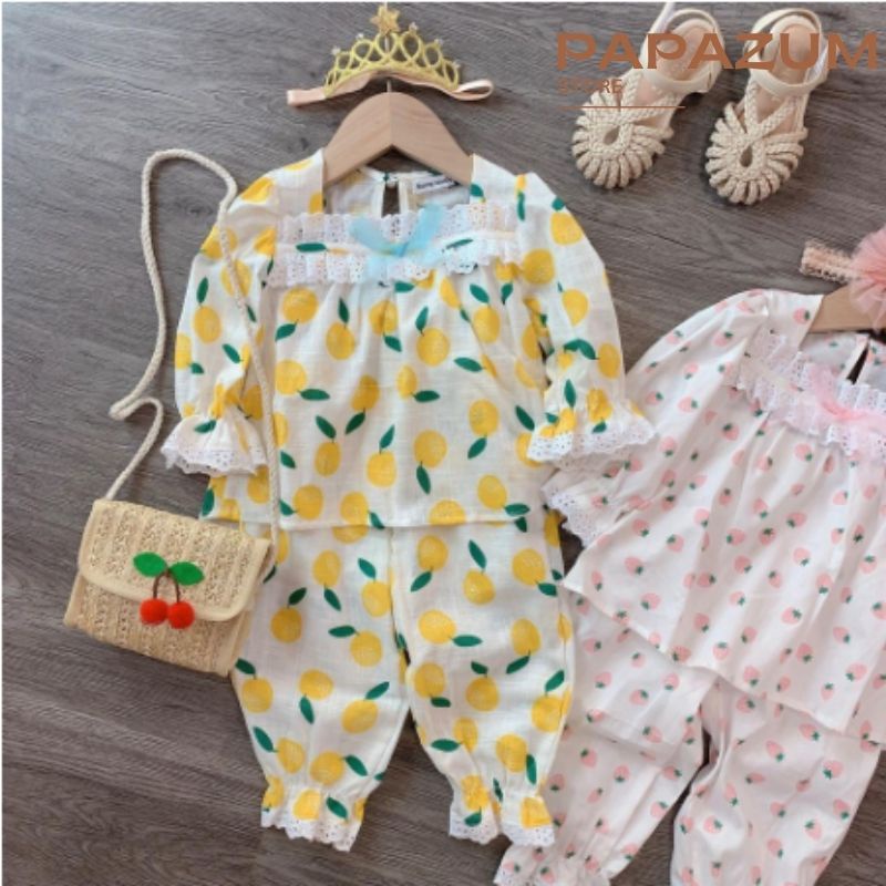 Bộ thu đông cho bé bộ bé gái dài tay họa tiết bắt mắt chất liệu thô đũi mềm mại PAPAZUM SA429