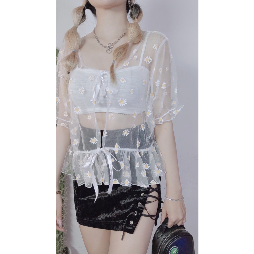 (Ảnh Thật / Sẵn ) Áo Hoa Cúc Lưới mỏng tặng kèm Áo 2 dây Dollahouse | BigBuy360 - bigbuy360.vn