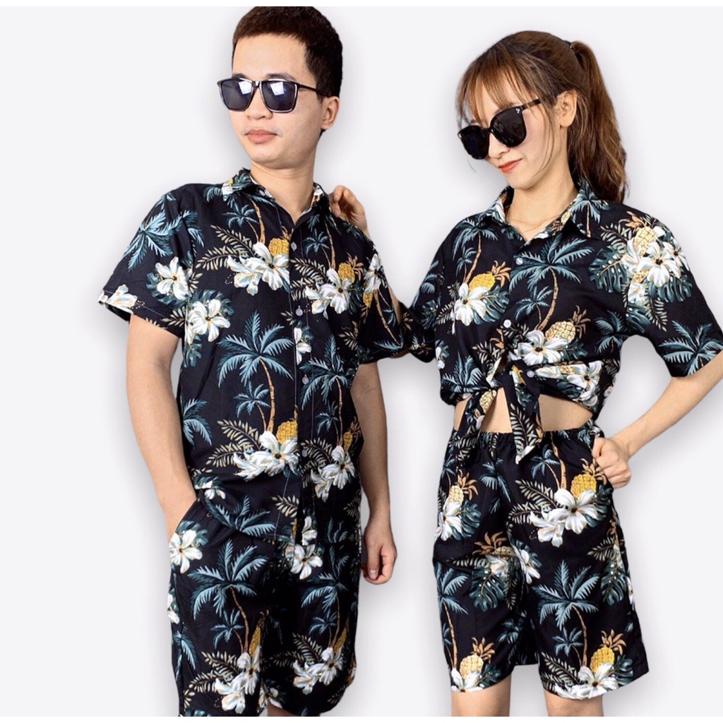 Bộ sơ mi hoa lá mặc đồng phục nhóm đi biển, team building, chụp ảnh kỷ yếu đủ size nam nữ vải Kate Thái Bin Sport QB006