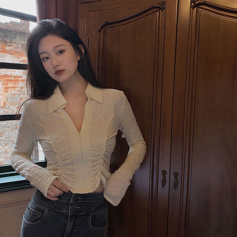 Áo Kiểu Tay Dài Cổ Chữ V Dáng Ôm Trẻ Trung Quyến Rũ Cho Nữ