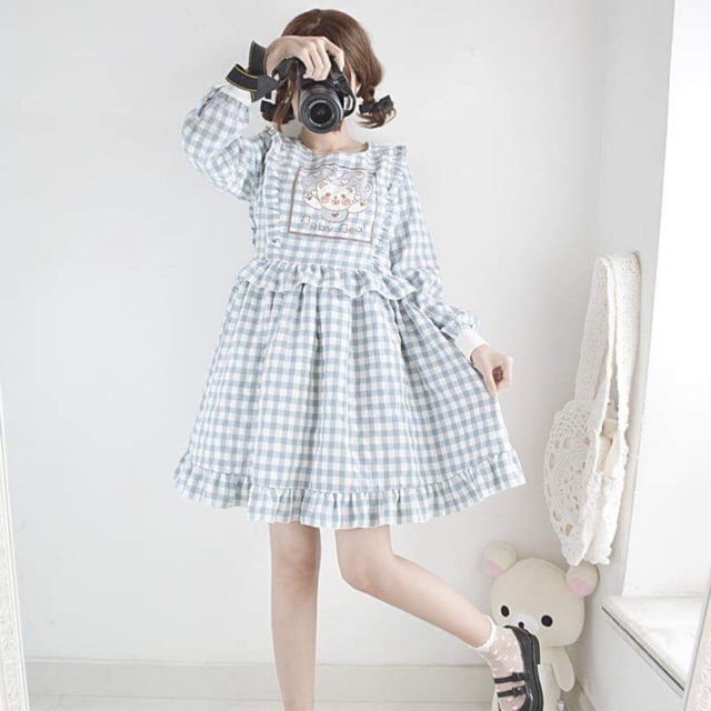 Váy loli caro mùa đông eo phối bèo xoè