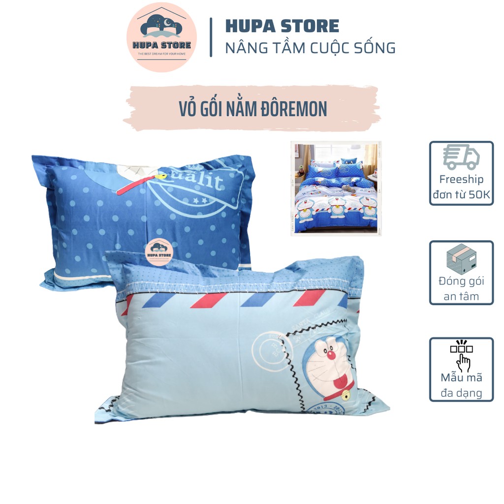 Vỏ gối nằm, áo gối nằm cotton poly HuPa size 45x65cm mẫu Doremon tem thư
