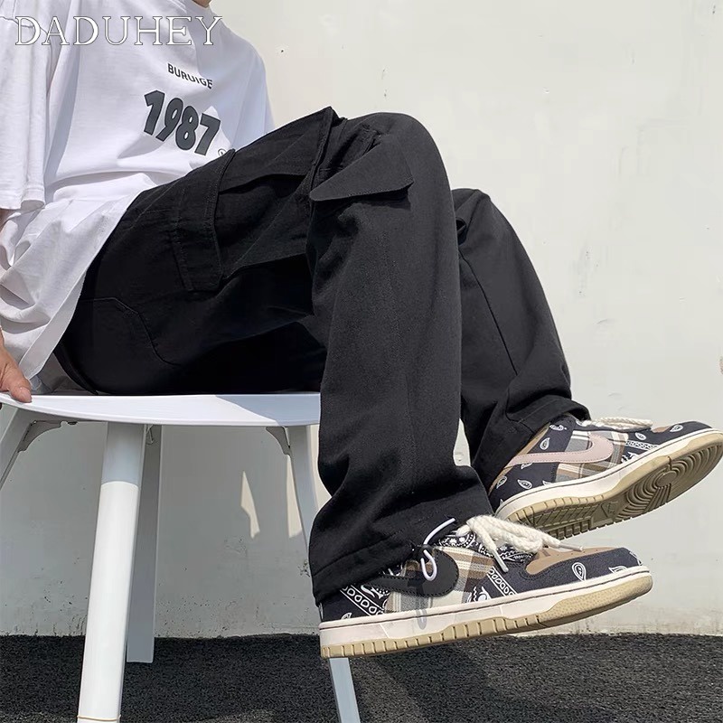 DaDuHey Men's American Retro High Street Pants Cool Oversize Draping Multi-Pocket Cargo Pants