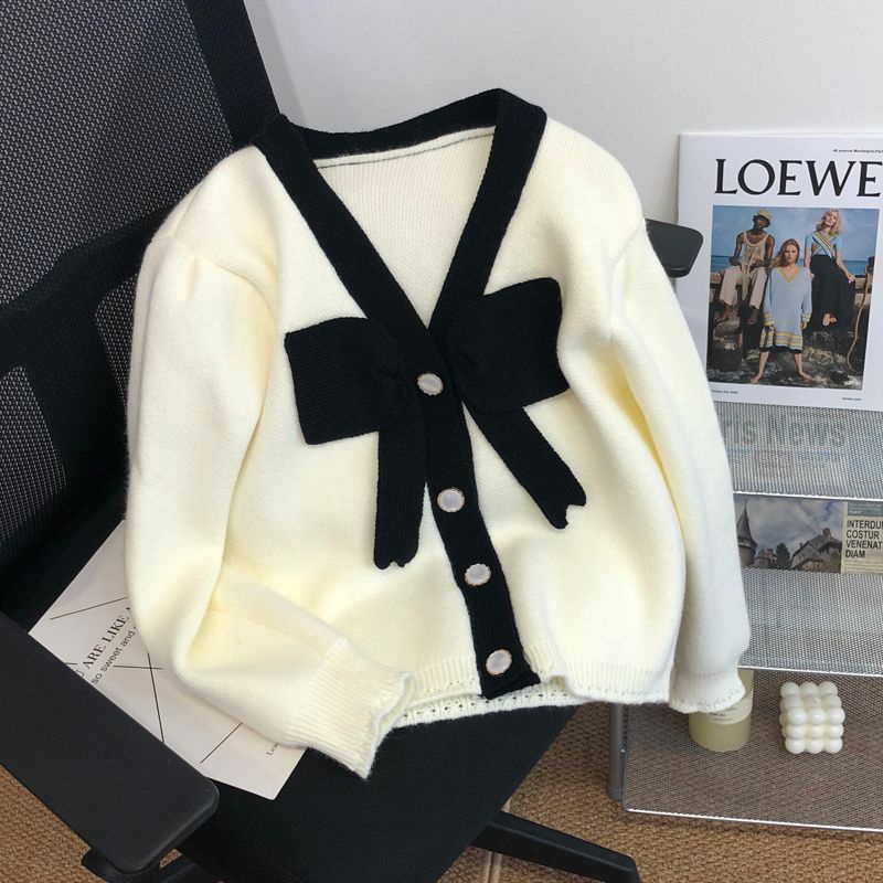 Áo Khoác Cardigan Dệt Kim Dáng Ngắn Phối Nơ Nữ Tính
