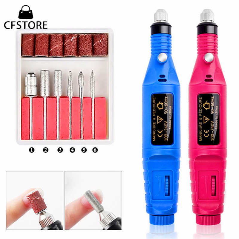 Máy khoan điện kèm 6 mũi khoan và dây nguồn dùng trong trang trí móng tay nghệ thuật