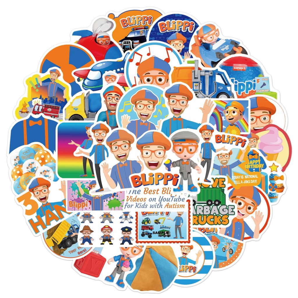 Y&P| Hình Dán Chống Nước Blippi Phim Hoạt Hình Mũ Bảo Hiểm Máy Tính Xách Tay Hành Lý Dán Thiết Lập, 50 tờ