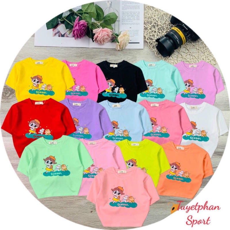 Áo thun cộc tay bé gái croptop siêu dễ thương từ 5-12 tuổi,áo phông trẻ em chất liệu thun cotton co giãn 4C Sz 22-36kg