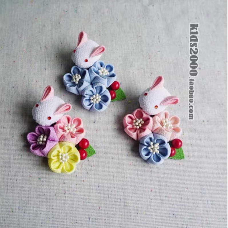 Kẹp tóc Kanzashi thỏ và hoa - Cosplay - lolita