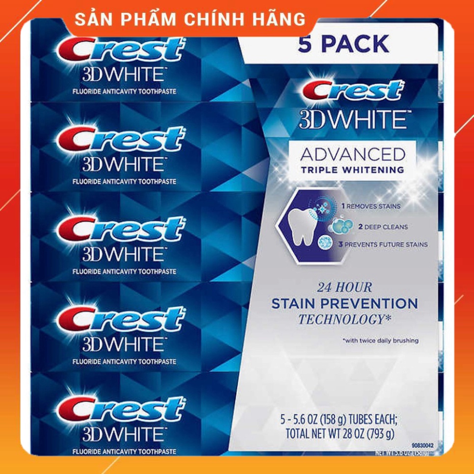 [SALE DATE 2/2022] Kem đánh răng Crest 3D White Advanced Triple Whitening tuýp 158g từ Mỹ