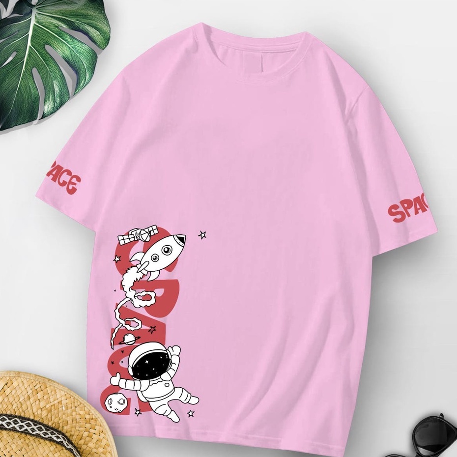 Áo Thun Cotton Hồng In Hình Không Gian Vũ Trụ Ngoại Cỡ 30s OV288 Cho Nữ