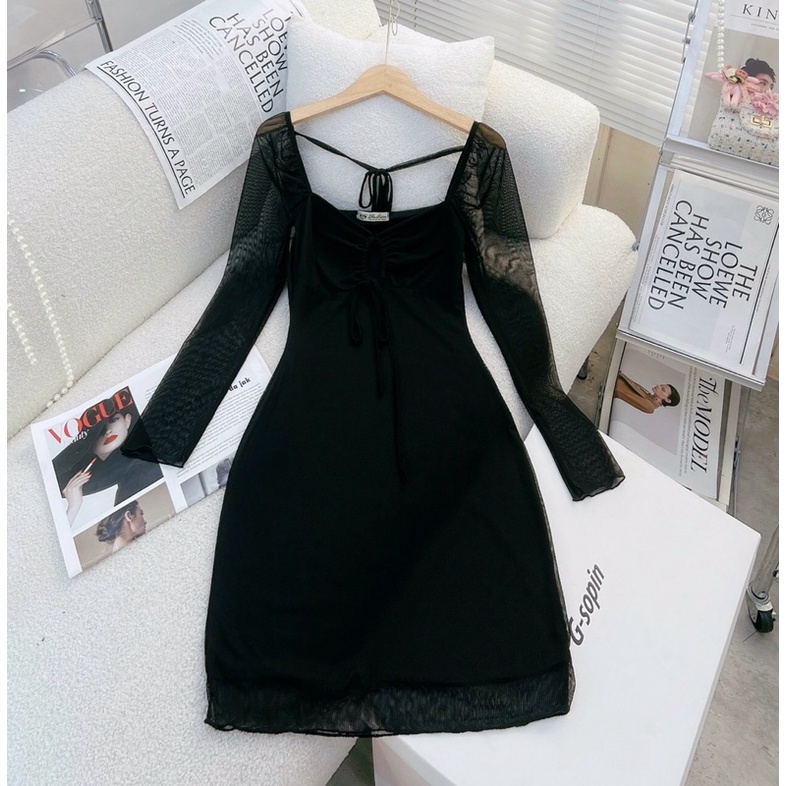Đầm body tay lưới dài khoét ngực cận chất