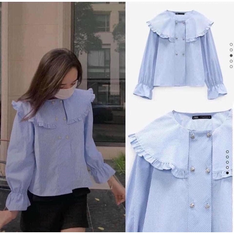 Áo Sơ Mi Cổ Bèo Kẻ Xanh Áo Kiểu Nữ Hàn Quốc Tay Phồng Bánh Bèo Tiểu Thư Form Rộng Cúc Ngọc Siêu Hot