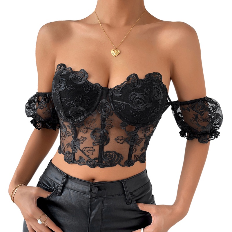 Áo Lót Corset Lưới Xương Cá Thêu Hoa Hồng Gợi Cảm Cho Nữ