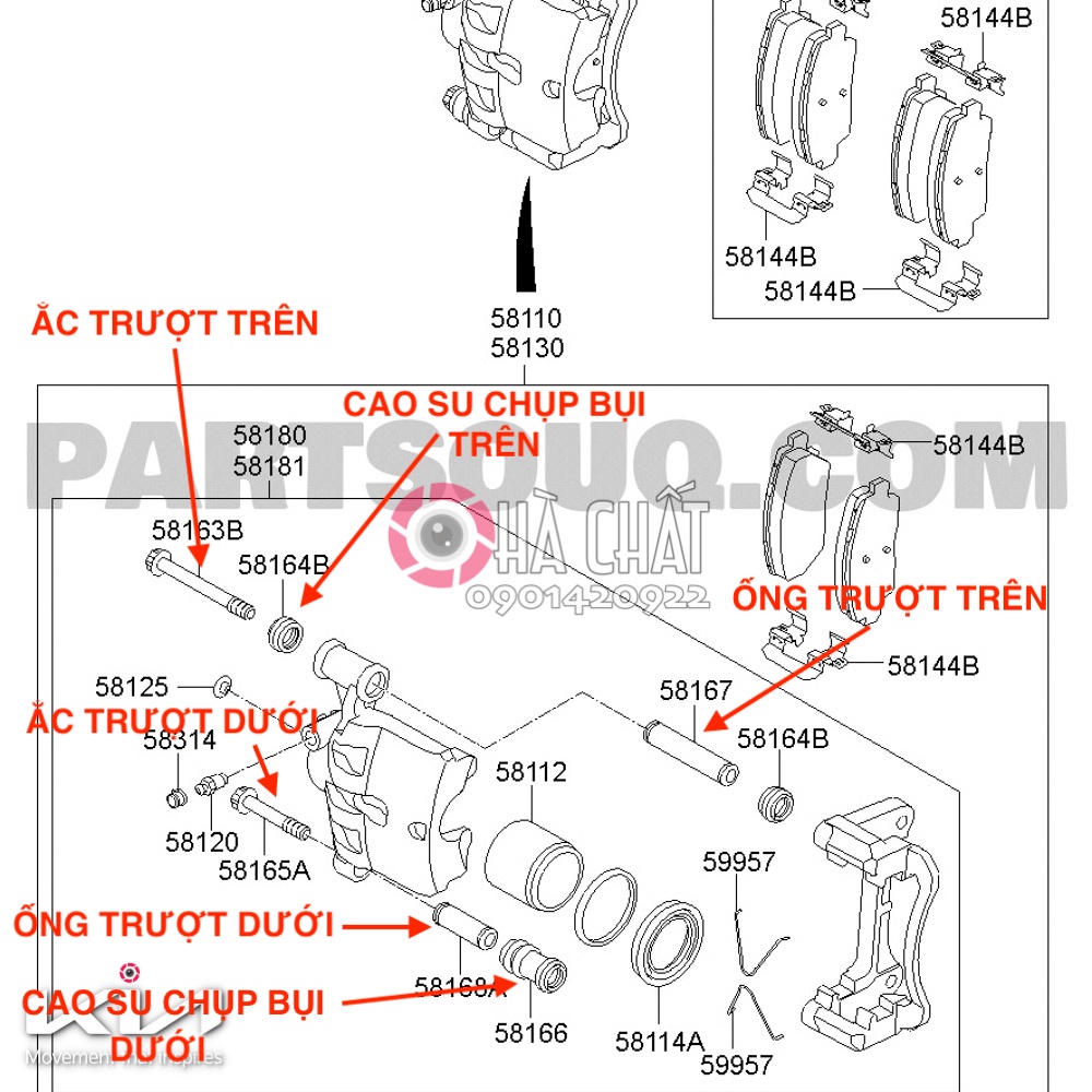 Bộ ắc trượt phanh trước & cao su chụp bụi Kia Morning 2012-2020 🚘  Bảo hành 100% là hàng chính hãng KIA MOTORS