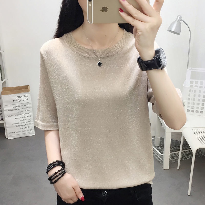 Women's loose bright silk T-shirt base shirt 2021 summer new Korean style ice silk knitted short-sleeved round neck top ins
