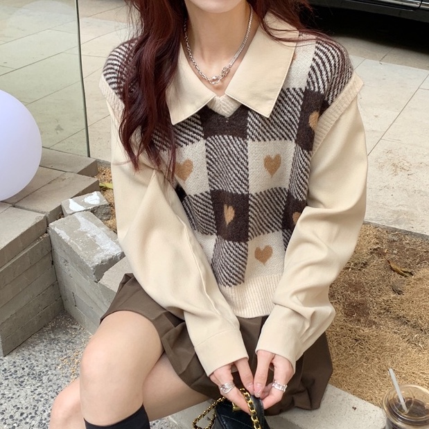 Áo len SUXI không tay cổ chữ v form rộng họa tiết ca rô thời trang dành cho nữ