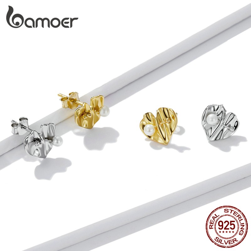 Đôi khuyên tai xỏ Bamoer Bse550-A chốt bạc 925 hình trái tim đính ngọc trai nhân tạo seri 4 làm quà tặng cho nữ