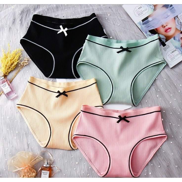 Quần Lót Nữ Cotton tăm tre in viền gắn nơ Gân 2 Mặt Siêu Thấm Hút Mồ Hôi, Quần Lót Nữ Kháng Khuẩn Thoáng Mát-QL02