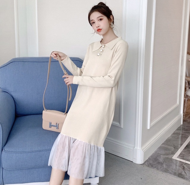 Váy suông dành cho bà bầu chất len ấm áp mùa đông (cổ cài cúc) mẫu B30