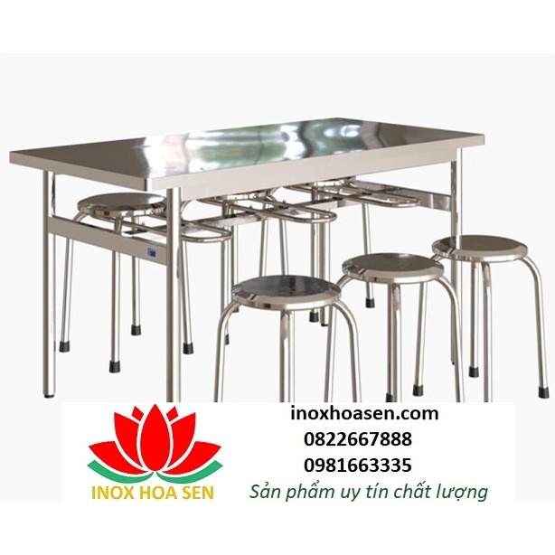 Bàn ghế inox công nghiệp,bộ bàn móc treo 6 ghế và 1 bàn inox hàn chân cố định