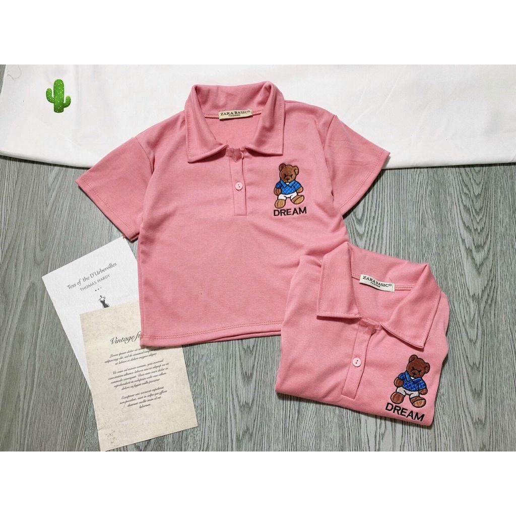 Áo croptop cổ trụ gấu thêu loại 1 tay ngắn chất thun borip mềm mịn