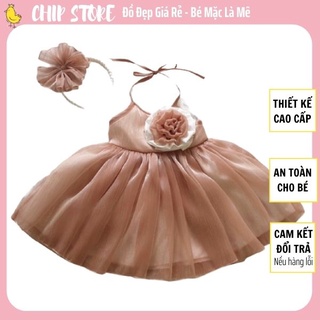 Đầm công chúa cho bé gái CHIP STORE Váy Yếm Cột Dây Màu Nâu Tây Sang Chảnh Tặng Kèm Cài Tóc
