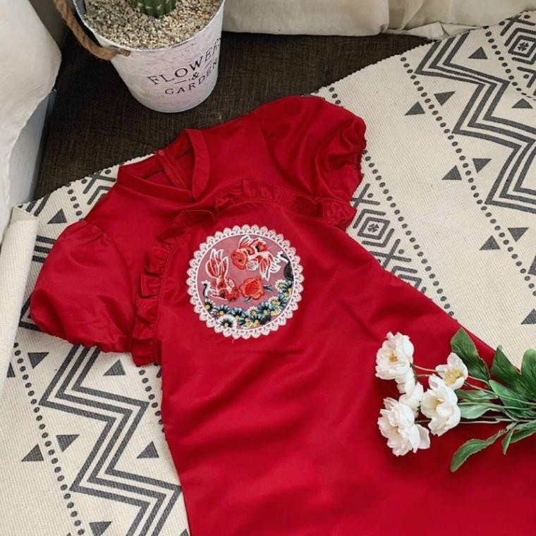 Váy Suông Đỏ, Đầm Cổ Tàu Viền Bèo Ngực Tay Phồng Thời Trang Mùa Tết Trẻ Trung Xinh Xắn Cho Bạn Nữ. | BigBuy360 - bigbuy360.vn