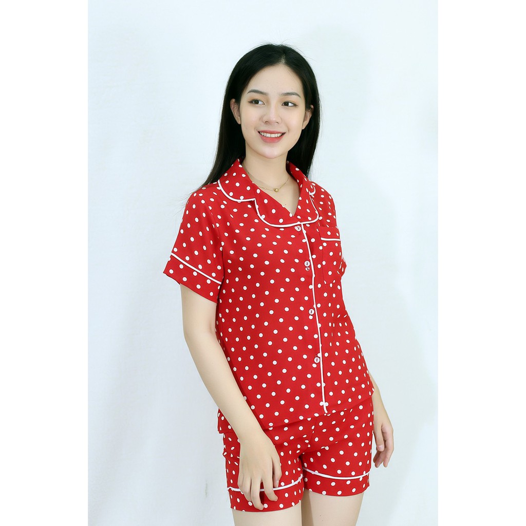 [HÌNH THẬT 100%] Bộ đồ bộ ngắn ĐỎ CHẤM BI TRẮNG - vải lụa cotton cao cấp - Cực Kì Sang Chảnh