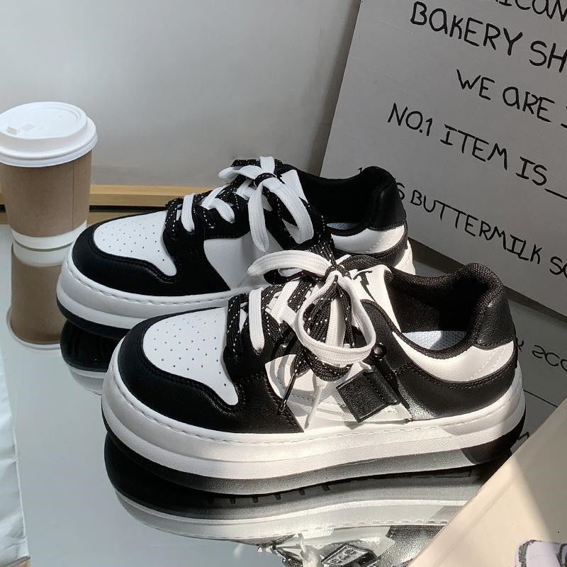 Giày Thể Thao Trắng Đen Cột Dây Phong Cách Nhật Bản