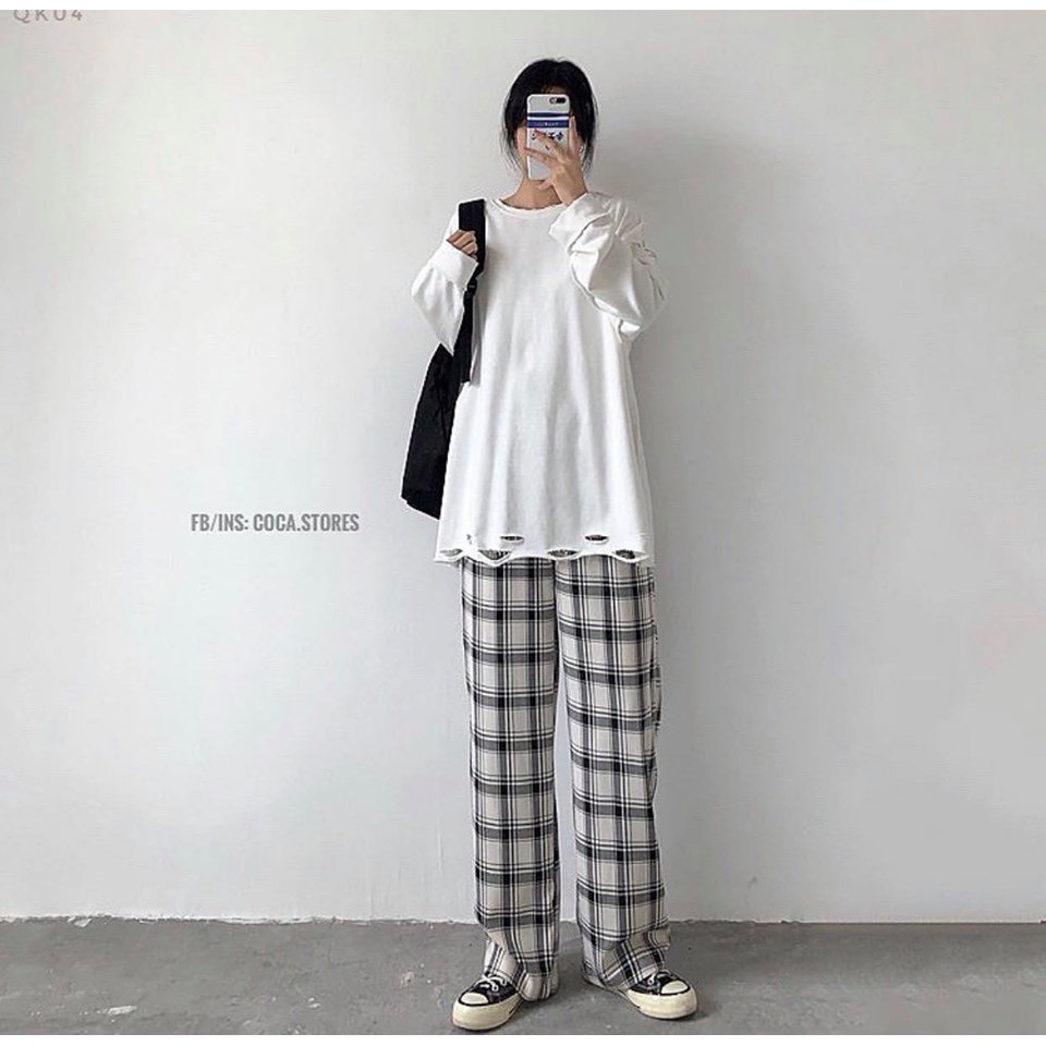 Quần kẻ caro ống rộng cạp chun cao, quần kẻ nữ dáng rộng ống suông ulzzang unsiex