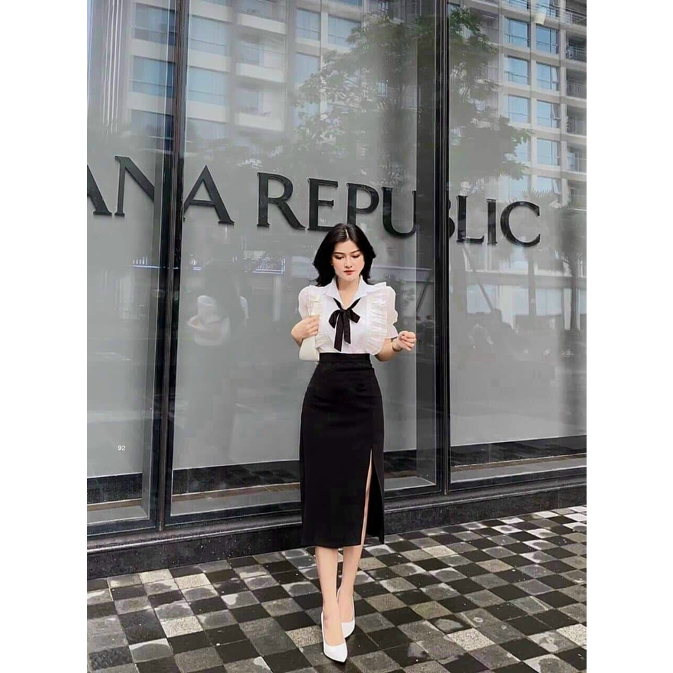 [Hot] Sét Áo Viền Bèo + chân Váy Chẻ Tà