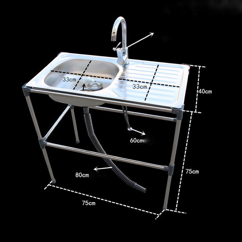 Chậu rửa chén 1 hộc 1 cánh inox 75*40*75cm kèm chân, vòi, bộ xả nước