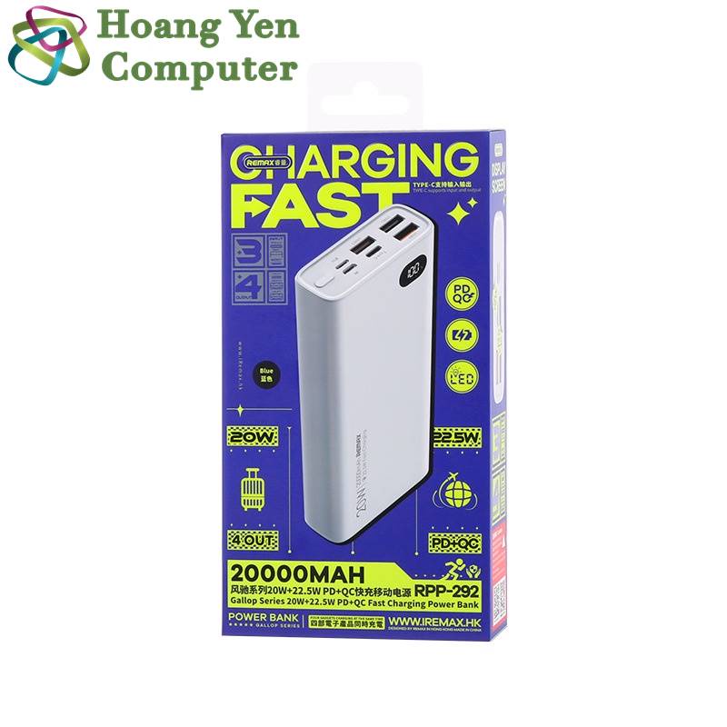 Sạc Dự Phòng Remax RPP-292 20000mAh (Sạc Nhanh QC3.0 18W, 22.5W, PD20W, VOOC 2.0) - BH 1 Năm - Hoàng Yến Computer