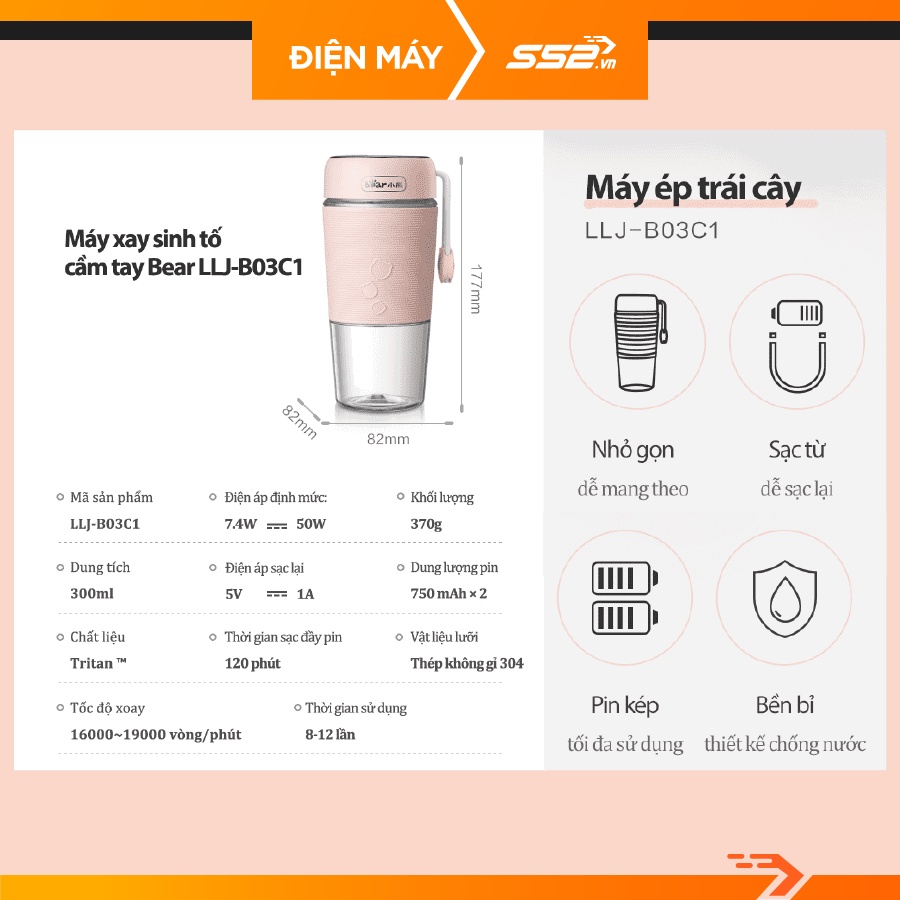Máy Xay Sinh Tố Cầm Tay Mini Bear LLJ-B03C1- Bảo Hành Chính Hãng