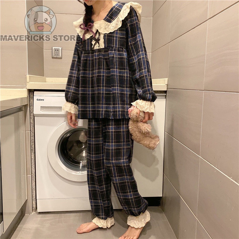 Bộ Đồ Ngủ Hai Mảnh Áo Tay Dài Cổ Búp Bê Kẻ Sọc Caro Phối Ren Kiểu Công Chúa Dành Cho Nữ