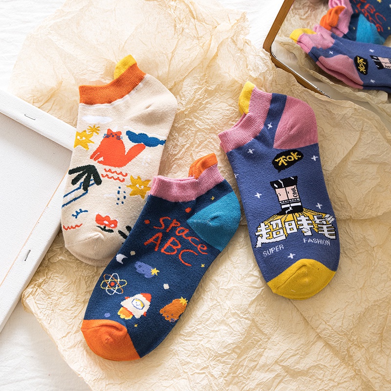 WAFNHA D496 Vớ Cotton In Hình Tên Lửa Hoạt Hình Dễ Thương Cho Nữ