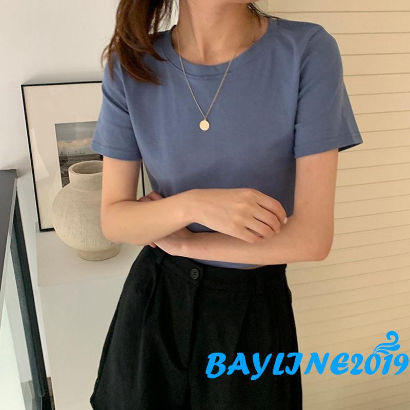 Áo Thun Lửng Tay Ngắn Cổ Tròn Màu Sắc Thời Trang Cho Nữ