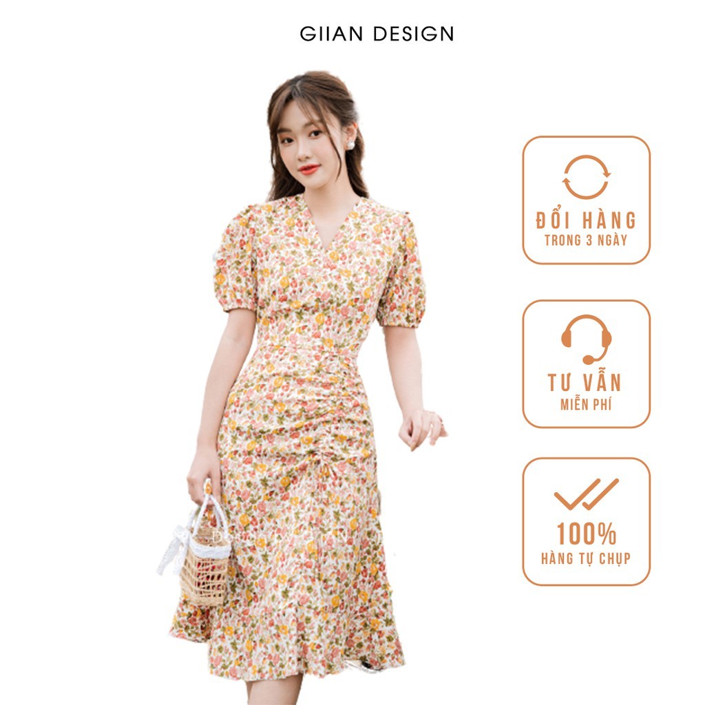 Váy hoa nhí vintage tay bồng đuôi cá hàng thiết kế GIIAN, đầm nữ cổ chữ V rút dây dáng dài - V2156 - HÀNG MỚI VỀ