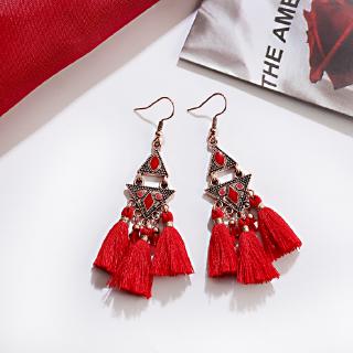 Dân Tộc Tua Rua Đỏ Tòn Ten Bông Tai Nữ Phong Cách Cưới Trang Sức Lễ Hội