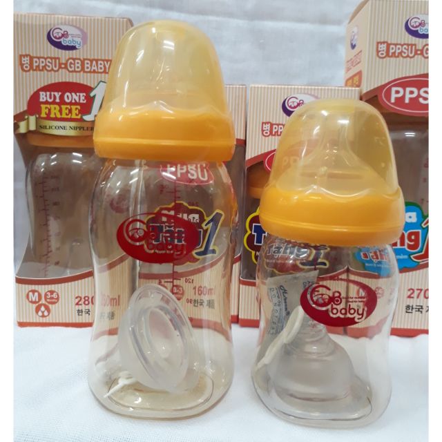 BÌNH SỮA PPSU GB BABY CỔ RỘNG 160ML/280ML ( Tặng 1 núm ti silicon chia tia)