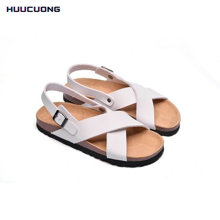 Giày sandal nữ HuuCuong quai chéo màu trắng đế trấu Handmade