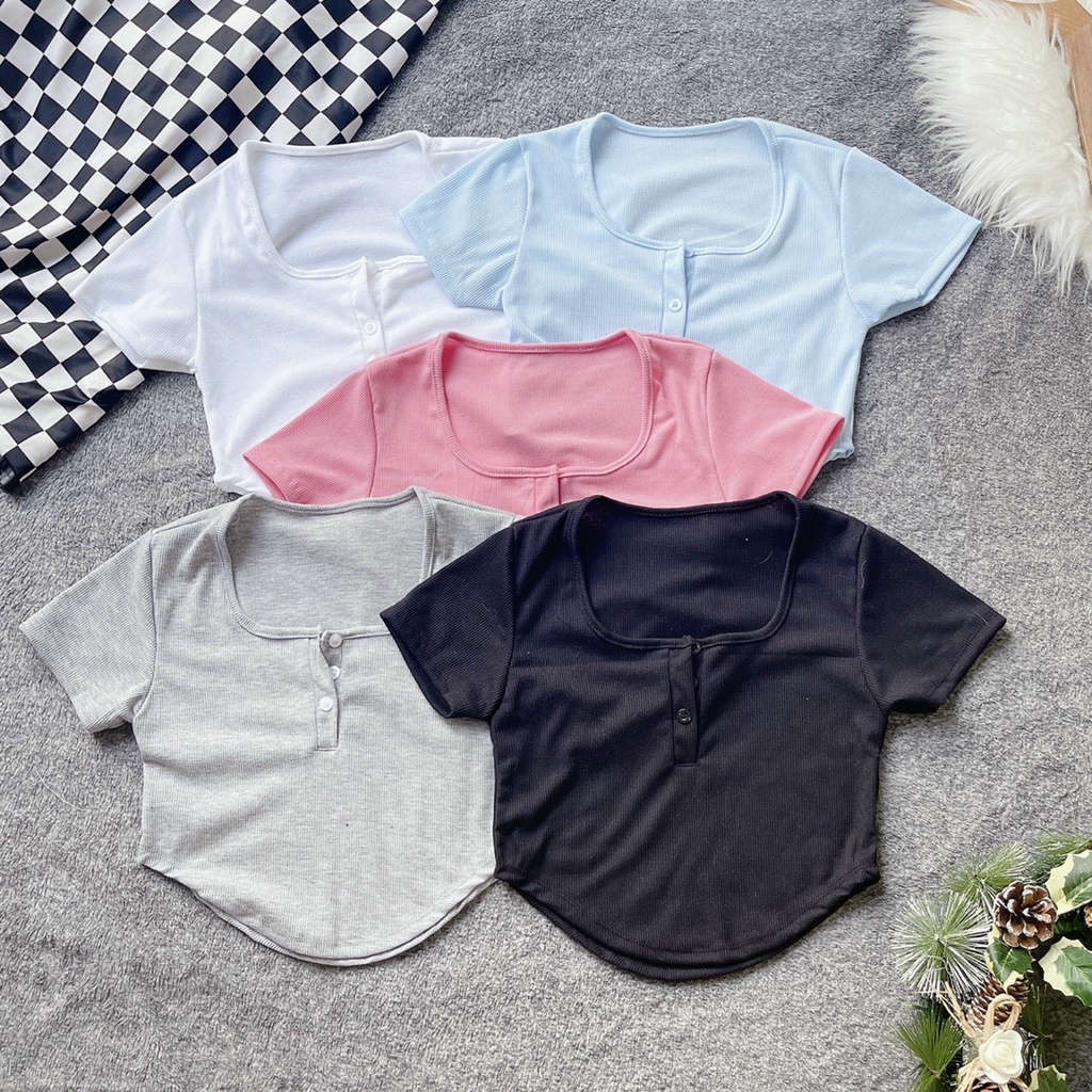 Áo kiểu tay ngắn cổ vuông cài nút vạt bầu xinh ôm dáng croptop sexy NU27