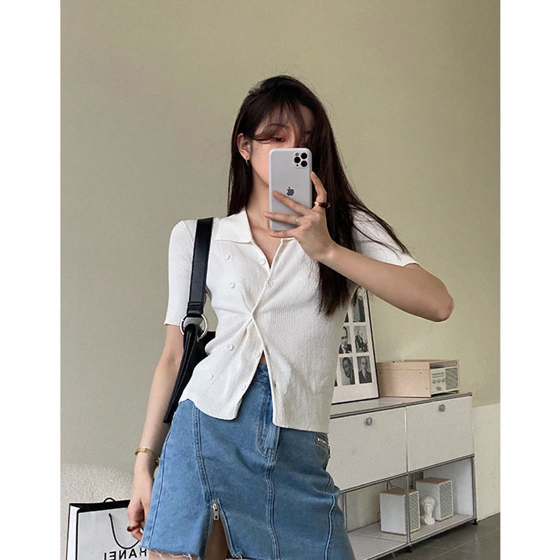 Áo thun dệt kim mỏng tay ngắn cổ Polo phong cách Hàn Quốc thời trang mùa hè hàng mới