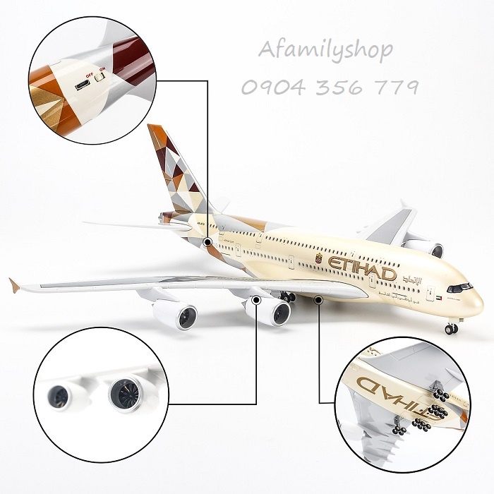 Mô hình máy bay Etihad Airways Airbus A380 có bánh xe và đèn led
