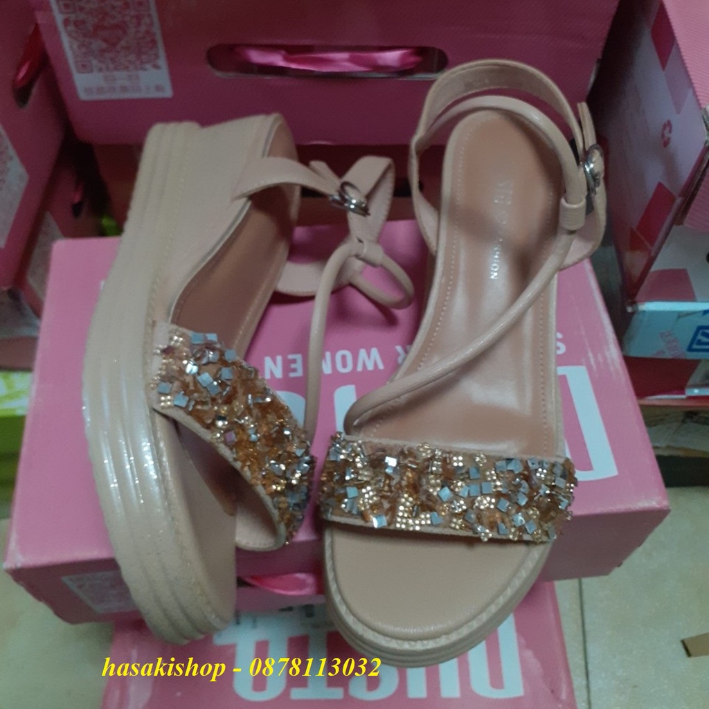 Sandal quai ngang Dusto đính ánh kim, đế xuồng cao 6.5cm